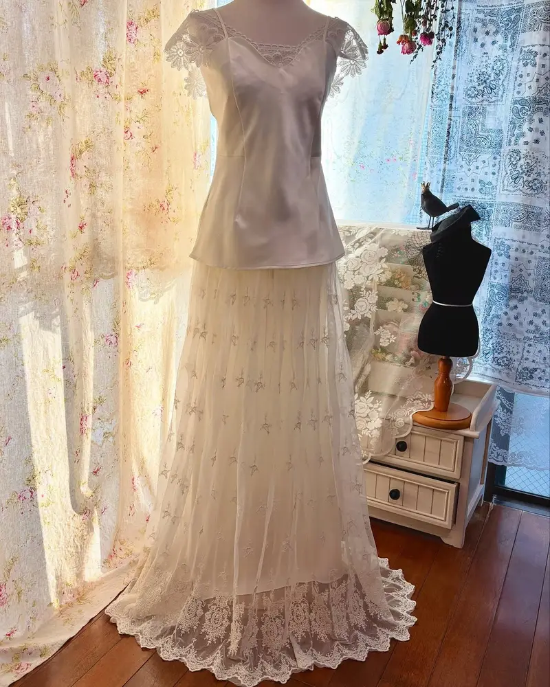 Cami Top and Embroidered Lace Skirt – front view on a dress form